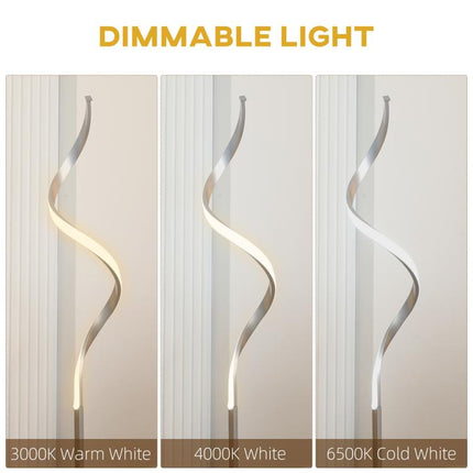 Dimmable Floor Lamp for Living Room, Modern Spiral Standing Lamp with 3 Adjustable Brightness and Square Base, Silver