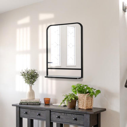 Modern Square Wall Mirror with Storage Shelf, 70 x 50 cm Mirrors for Living Room, Bedroom, Black