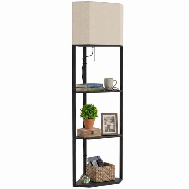 Corner Floor Lamp with Shelves, Modern Tall Standing Lamp with Chain Switch for Living Room, Bedroom, Bulb Not Included, Black