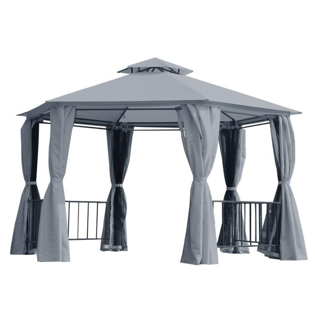3 x 3(m) Hexagon Gazebo Patio Canopy Party Tent Outdoor Garden Shelter w/ 2 Tier Roof & Side Panel - Grey
