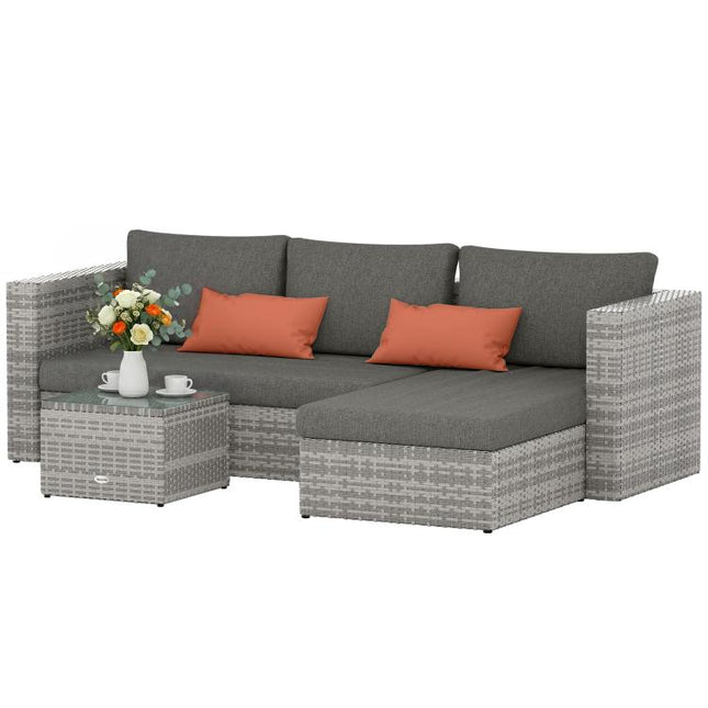 3 Pieces Outdoor PE Rattan Sofa Set, Patio Wicker Conversation Chaise Lounge Furniture w/ Tempered Glass Table-top & Soft Padded Cushion for Garden, Backyard, Lawn, Grey