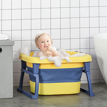 Baby Bathtub for 0-6 Years Collapsible Non-Slip Portable with Stool Seat for Newborns Infants Toddlers Kids - Yellow