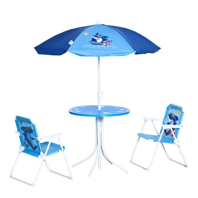 Kids Outdoor Bistro Table and Chair Set, Folding Garden Furniture w/ Shark Design, Removable, Adjustable Sun Umbrella, Ages 3-6 Years - Blue