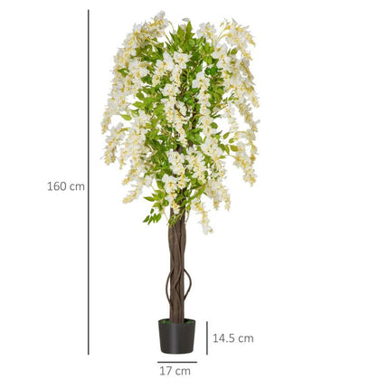 Artificial Realistic White Wisteria Tree Faux Decorative Plant in Nursery Pot for Indoor Décor, 160cm