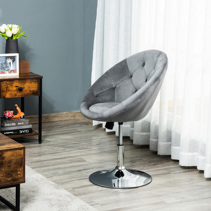 Swivel Dressing Stool, Velvet-feel Upholstered Vanity Chair, Adjustable Height Tub Makeup Chair with Button Tufting and Thick Padding for Bedroom, Grey