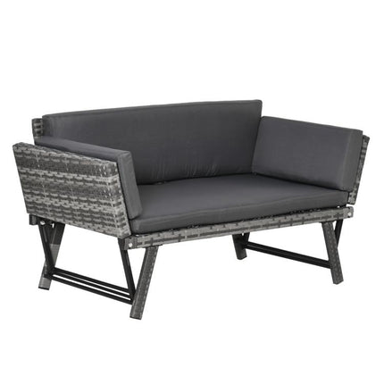 Rattan Garden Bench with Reclining Back, Adjustable Armrests, 2-in-1 Convertible Garden Sofa Bed Lounger, Outdoor Bench Daybed with Cushions for Porch, Patio, Mixed Grey