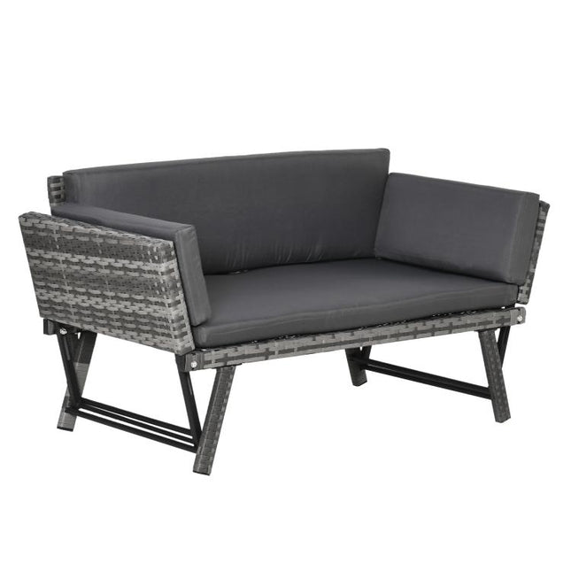Rattan Garden Bench with Reclining Back, Adjustable Armrests, 2-in-1 Convertible Garden Sofa Bed Lounger, Outdoor Bench Daybed with Cushions for Porch, Patio, Mixed Grey