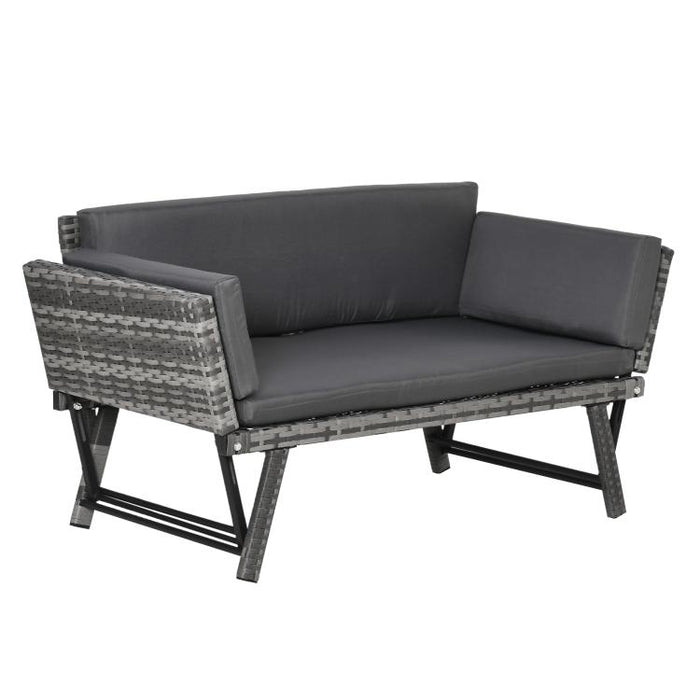 Rattan Garden Bench with Reclining Back, Adjustable Armrests, 2-in-1 Convertible Garden Sofa Bed Lounger, Outdoor Bench Daybed with Cushions for Porch, Patio, Mixed Grey