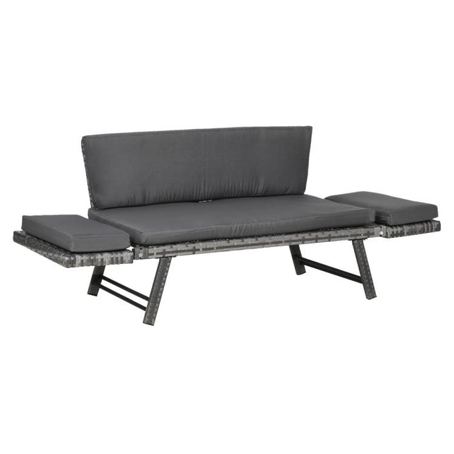 Rattan Garden Bench with Reclining Back, Adjustable Armrests, 2-in-1 Convertible Garden Sofa Bed Lounger, Outdoor Bench Daybed with Cushions for Porch, Patio, Mixed Grey