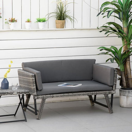 Rattan Garden Bench with Reclining Back, Adjustable Armrests, 2-in-1 Convertible Garden Sofa Bed Lounger, Outdoor Bench Daybed with Cushions for Porch, Patio, Mixed Grey