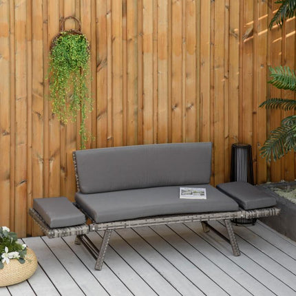 Rattan Garden Bench with Reclining Back, Adjustable Armrests, 2-in-1 Convertible Garden Sofa Bed Lounger, Outdoor Bench Daybed with Cushions for Porch, Patio, Mixed Grey