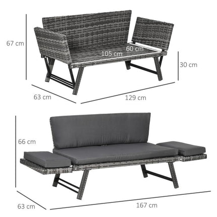 Rattan Garden Bench with Reclining Back, Adjustable Armrests, 2-in-1 Convertible Garden Sofa Bed Lounger, Outdoor Bench Daybed with Cushions for Porch, Patio, Mixed Grey