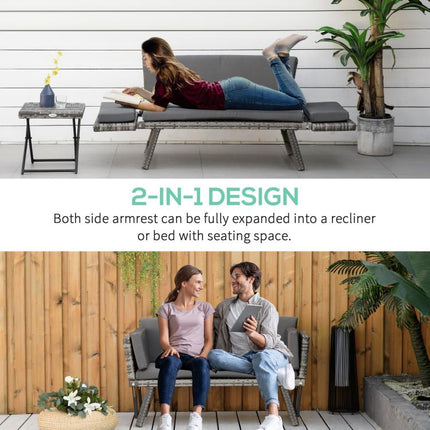 Rattan Garden Bench with Reclining Back, Adjustable Armrests, 2-in-1 Convertible Garden Sofa Bed Lounger, Outdoor Bench Daybed with Cushions for Porch, Patio, Mixed Grey