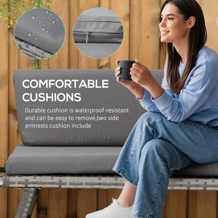 Rattan Garden Bench with Reclining Back, Adjustable Armrests, 2-in-1 Convertible Garden Sofa Bed Lounger, Outdoor Bench Daybed with Cushions for Porch, Patio, Mixed Grey