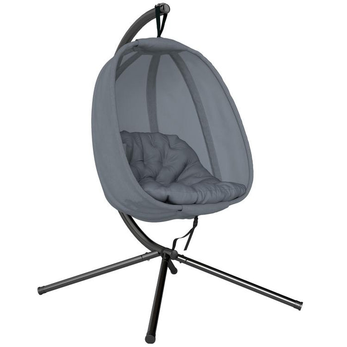 Hanging Egg Chair, Folding Texteline Swing Hammock with Side Pocket, Cushion and Stand for Indoor Outdoor, Patio Garden Furniture, Grey