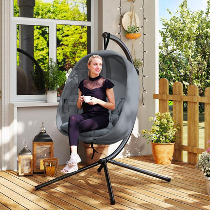 Hanging Egg Chair, Folding Texteline Swing Hammock with Side Pocket, Cushion and Stand for Indoor Outdoor, Patio Garden Furniture, Grey