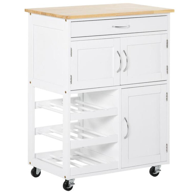 Modern Kitchen Trolley, Rolling Island Storage Cart with Drawer, 9-bottle Wine Rack, Door Cabinets, Wooden Countertop, White