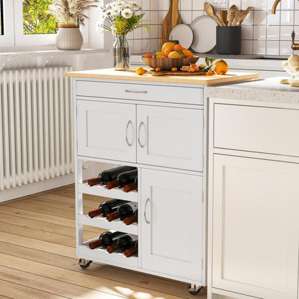 Modern Kitchen Trolley, Rolling Island Storage Cart with Drawer, 9-bottle Wine Rack, Door Cabinets, Wooden Countertop, White