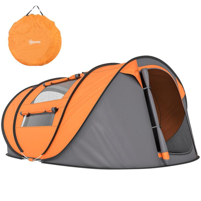 4 Person Pop-up Camping Tent Family Tent with Ground Sheet, 4 Windows and Portable Carry Bag for Beach Outdoor Trip, Orange