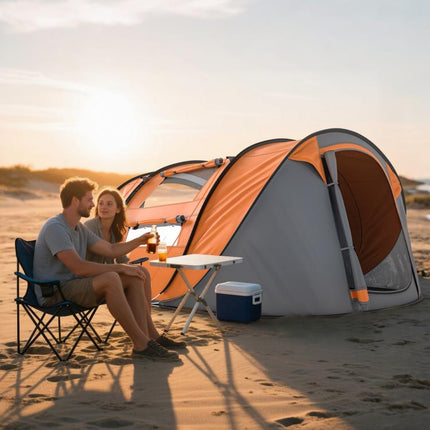 4 Person Pop-up Camping Tent Family Tent with Ground Sheet, 4 Windows and Portable Carry Bag for Beach Outdoor Trip, Orange