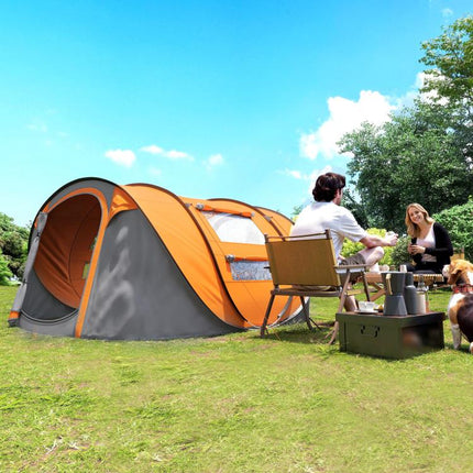 4 Person Pop-up Camping Tent Family Tent with Ground Sheet, 4 Windows and Portable Carry Bag for Beach Outdoor Trip, Orange