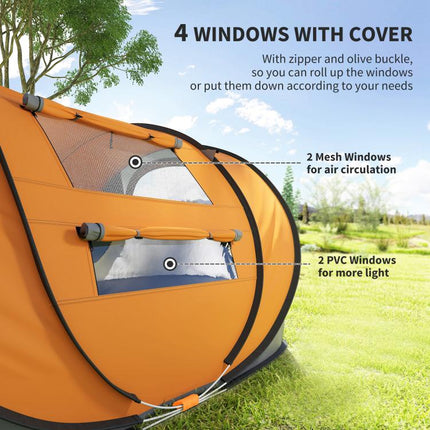 4 Person Pop-up Camping Tent Family Tent with Ground Sheet, 4 Windows and Portable Carry Bag for Beach Outdoor Trip, Orange