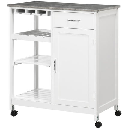 Compact Kitchen Trolley Utility Cart on Wheels with Wine Rack, Drawer, Open Shelf and Storage Cabinet for Dining Room, White