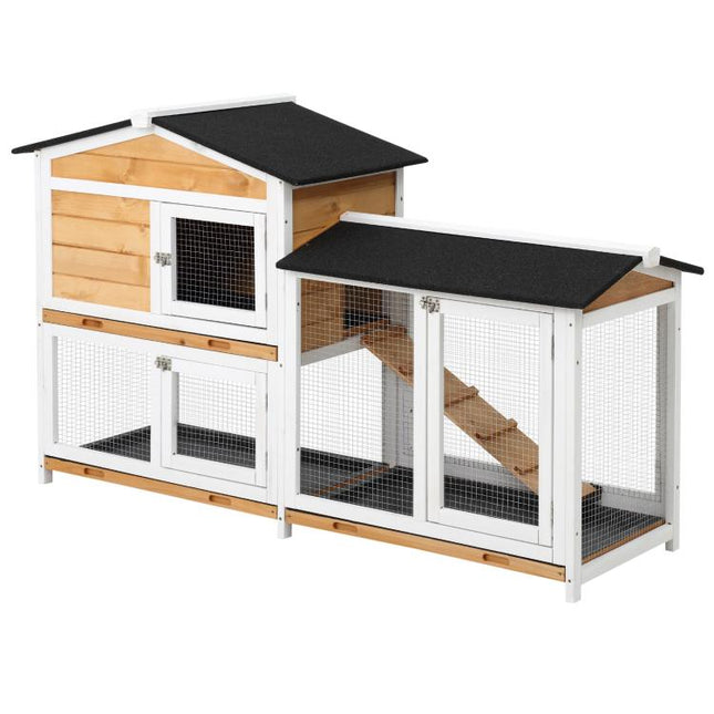 Rabbit Hutch Guinea Pig Hutch Wooden House with Run, 2 Tier Pet Cage Outdoor with No-leak Plastic Trays, 157.4 x 53 x 93.5cm, Yellow