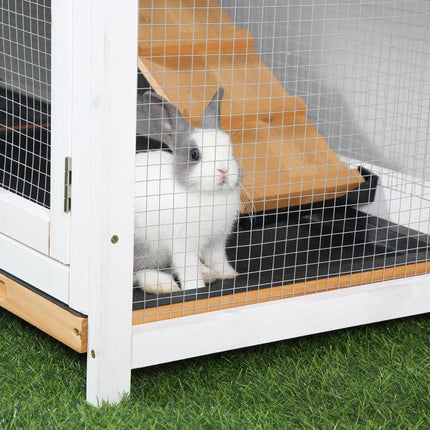 Rabbit Hutch Guinea Pig Hutch Wooden House with Run, 2 Tier Pet Cage Outdoor with No-leak Plastic Trays, 157.4 x 53 x 93.5cm, Yellow