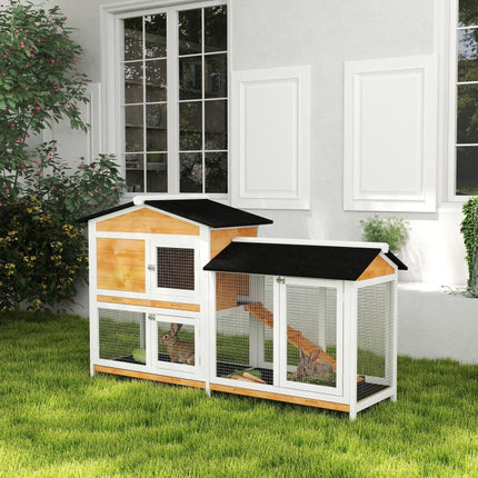 Rabbit Hutch Guinea Pig Hutch Wooden House with Run, 2 Tier Pet Cage Outdoor with No-leak Plastic Trays, 157.4 x 53 x 93.5cm, Yellow
