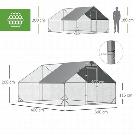 Chicken Run Galvanised Walk-in Chicken Coop Hen Poultry House Cage Rabbit Hutch Pet Playpen Garden w/ Water-Resist Cover, 3 x 4 x 2m