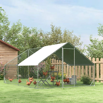 Chicken Run Galvanised Walk-in Chicken Coop Hen Poultry House Cage Rabbit Hutch Pet Playpen Garden w/ Water-Resist Cover, 3 x 4 x 2m