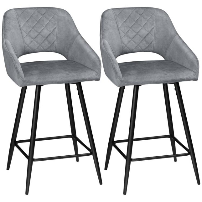 Bar Stools Set of 2, Velvet-Touch Fabric Counter Height Bar Chairs, Kitchen Stools with Steel Legs for Dining Area, Kitchen Island Barstools, Grey