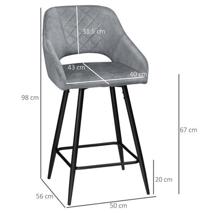 Bar Stools Set of 2, Velvet-Touch Fabric Counter Height Bar Chairs, Kitchen Stools with Steel Legs for Dining Area, Kitchen Island Barstools, Grey