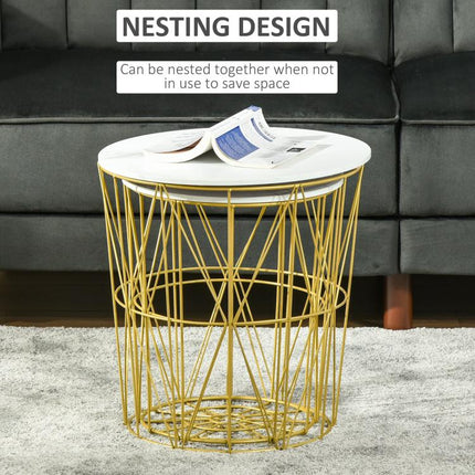 Set of 2 Nesting Side Tables with Storage, Round End Tables Coffee Tables with Steel Frame and Removable Round Top, for Living Room, bedroom, office, White