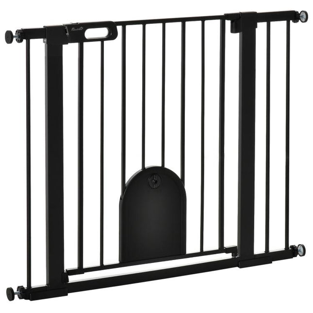 Dog Gate with Cat Flap Pet Safety Gate Barrier, Stair Pressure Fit, Auto Close, Double Locking, for Doorways, Hallways, 75-103 cm Black