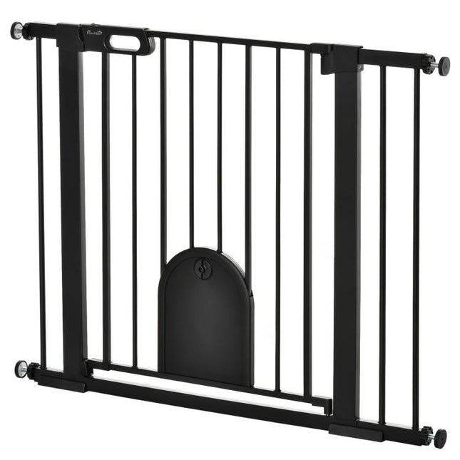 Dog Gate with Cat Flap Pet Safety Gate Barrier, Stair Pressure Fit, Auto Close, Double Locking, for Doorways, Hallways, 75-103 cm Black
