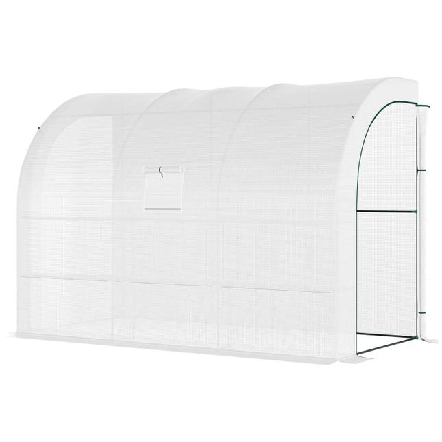Outdoor Walk-In Greenhouse, Plant Nursery with Zippered Doors, PE Cover and 3-Tier Shelves, White, 300 x 150 x 213 cm