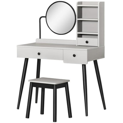 Dressing Table Set with Mirror and Stool, Vanity Makeup Table with 3 Drawers and Open Shelves for Bedroom, Living Room, Grey