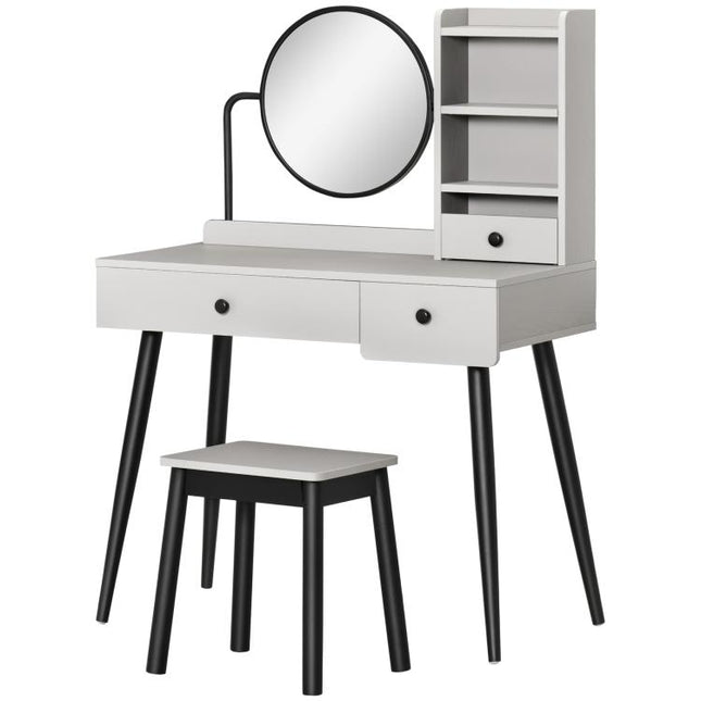 Dressing Table Set with Mirror and Stool, Vanity Makeup Table with 3 Drawers and Open Shelves for Bedroom, Living Room, Grey