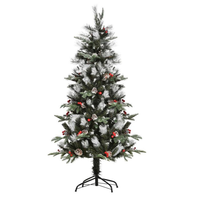 5FT Artificial Snow Dipped Christmas Tree Xmas Pencil Tree Holiday Home Party Decoration with Foldable Feet Red Berries White Pinecones, Green