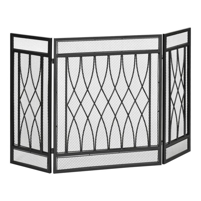126cm 3-Panel Metal Folding Fireplace Screen Heat Flame Protective Guard Child Pet Home Spark Barrier Surround w/ Mesh Pattern