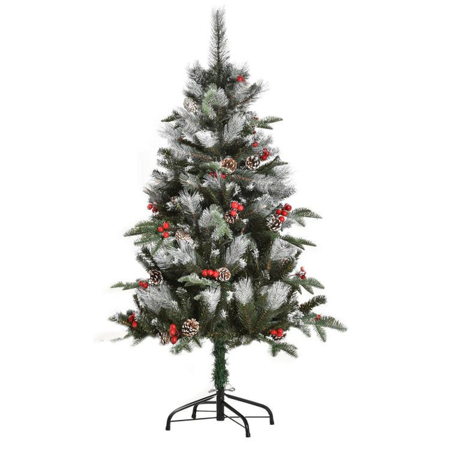 4FT Artificial Snow Dipped Christmas Tree Xmas Pencil Tree Holiday Home Party Decoration with Foldable Feet Red Berries White Pinecones, Green