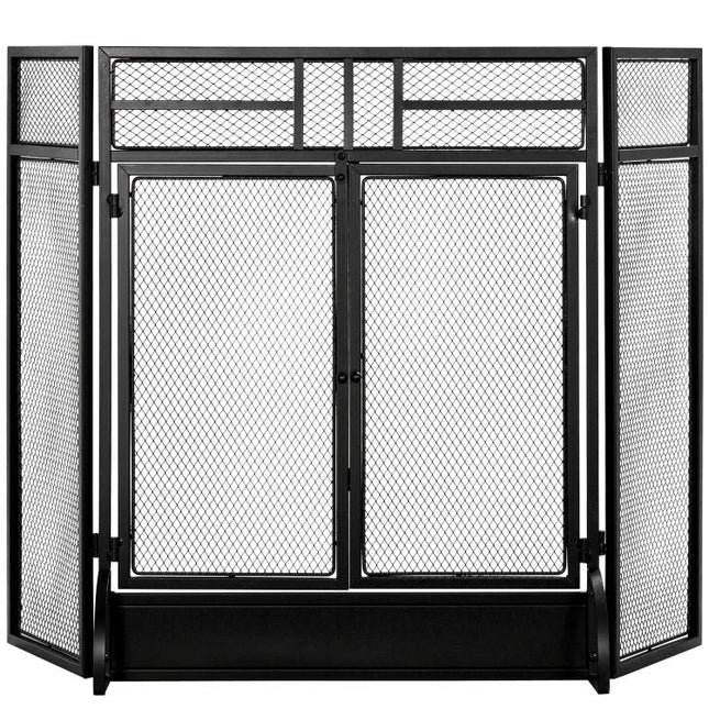 3-Panel Folding Fireplace Screen with Door, Freestanding Spark Guard, Metal Mesh Fireguard, Black