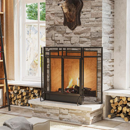 3-Panel Folding Fireplace Screen with Door, Freestanding Spark Guard, Metal Mesh Fireguard, Black