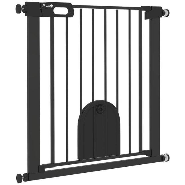 Dog Gate with Cat Flap Pet Safety Gate Barrier, Stair Pressure Fit, Auto Close, Double Locking, 75-82 cm Black