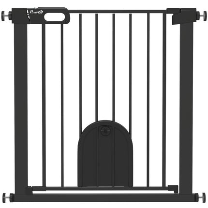 Dog Gate with Cat Flap Pet Safety Gate Barrier, Stair Pressure Fit, Auto Close, Double Locking, 75-82 cm Black