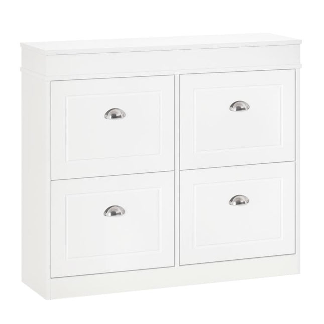 Shoe Cabinet with 4 Flip Drawers Wood Tipping Bucket Narrow Storage Cupboard with Adjustable Shelf Hall Organizer for Entrance Foyer White