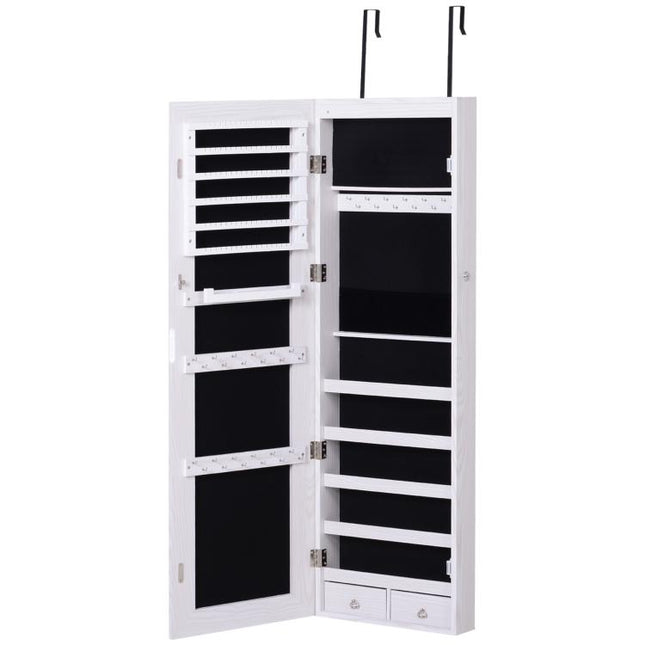Jewelry Cabinet with Mirror and LED Lights, Lockable Makeup Cosmetics Jewellery Organiser, Mirror with Storage for Bedroom Dressing Room, White