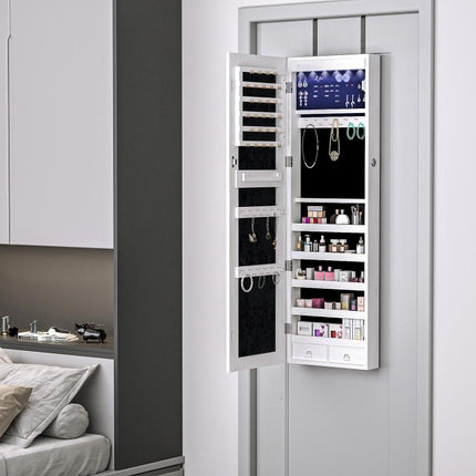 Jewelry Cabinet with Mirror and LED Lights, Lockable Makeup Cosmetics Jewellery Organiser, Mirror with Storage for Bedroom Dressing Room, White
